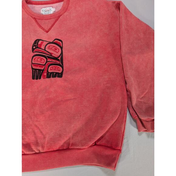 VTG Fuzzy Stonewash Sweatshirt S Red Made Canada Native Bear Graphic 90s Crew - Picture 9 of 9